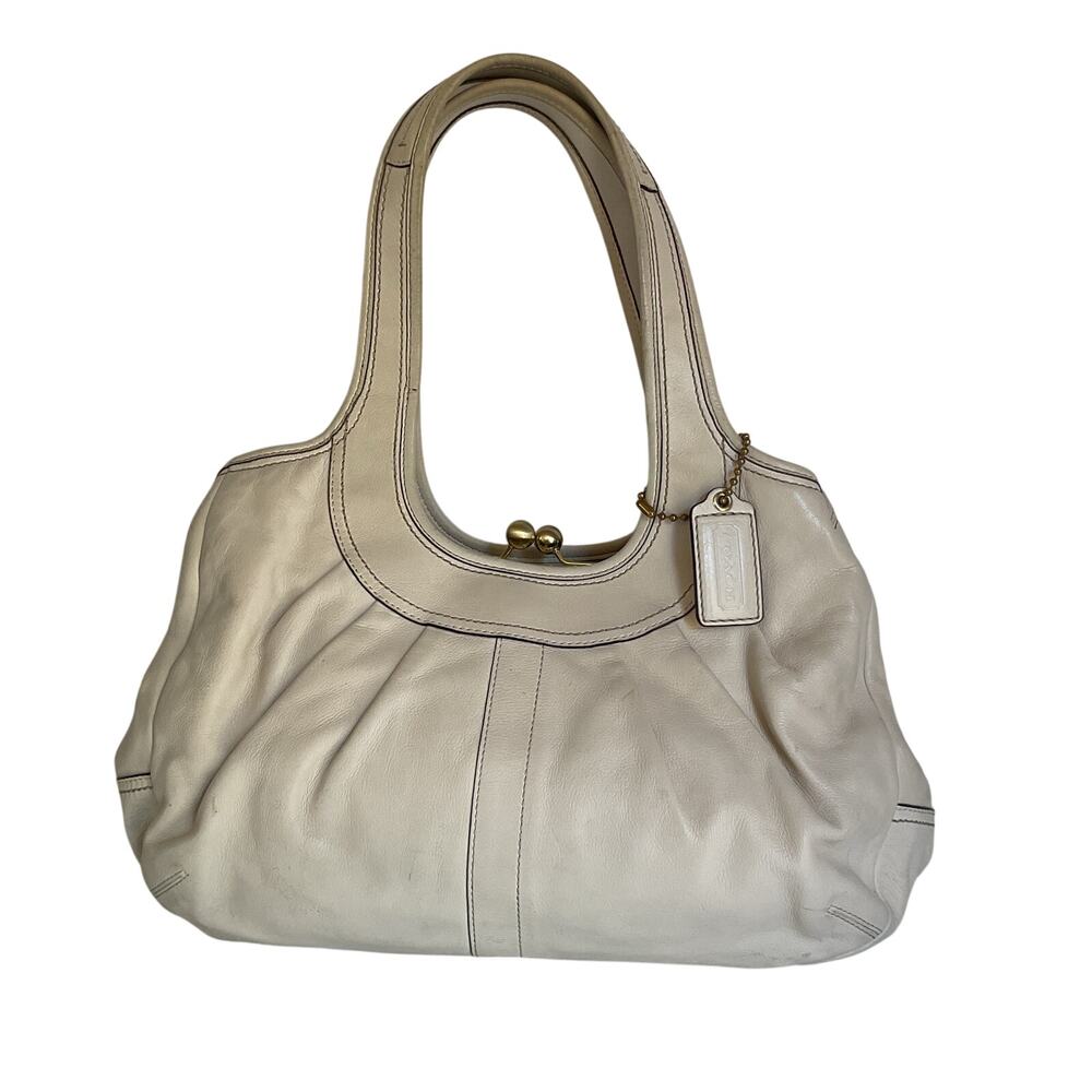 Vintage Coach Ergo 12248 Pleated Kisslock Cream Leather Satchel Y2K
